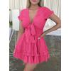 imagePRETTYGARDEN Women Summer Short Dress 2025 Casual V Neck Short Sleeve Tiered Bow Mini Sun Dresses Beach Vacation SundressRose Red