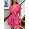 imagePRETTYGARDEN Women Summer Short Dress 2025 Casual V Neck Short Sleeve Tiered Bow Mini Sun Dresses Beach Vacation SundressRose Red