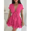 imagePRETTYGARDEN Women Summer Short Dress 2025 Casual V Neck Short Sleeve Tiered Bow Mini Sun Dresses Beach Vacation SundressRose Red