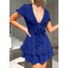 imagePRETTYGARDEN Women Summer Short Dress 2025 Casual V Neck Short Sleeve Tiered Bow Mini Sun Dresses Beach Vacation SundressRoyal Blue