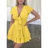 imagePRETTYGARDEN Women Summer Short Dress 2025 Casual V Neck Short Sleeve Tiered Bow Mini Sun Dresses Beach Vacation SundressYellow