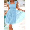 imagePRETTYGARDEN Womens 2025 Casual Mini Summer Dresses Sleeveless Tulle Ruffle Square Neck Tiered Smocked Wedding Guest DressLight Blue
