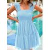 imagePRETTYGARDEN Womens 2025 Casual Mini Summer Dresses Sleeveless Tulle Ruffle Square Neck Tiered Smocked Wedding Guest DressLight Blue