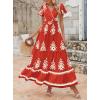 imagePRETTYGARDEN Womens 2025 Summer Casual V Neck Boho Maxi Dress Flowy Aline Bell Sleeve Tiered Floral Dresses with PocketFloral Brick Red White