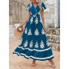 imagePRETTYGARDEN Womens 2025 Summer Casual V Neck Boho Maxi Dress Flowy Aline Bell Sleeve Tiered Floral Dresses with PocketFloral Lake Blue White