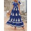 imagePRETTYGARDEN Womens 2025 Summer Casual V Neck Boho Maxi Dress Flowy Aline Bell Sleeve Tiered Floral Dresses with PocketFloral Navy White
