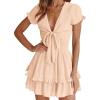 imagePRETTYGARDEN Women Summer Short Dress 2025 Casual V Neck Short Sleeve Tiered Bow Mini Sun Dresses Beach Vacation SundressApricot