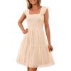 imagePRETTYGARDEN Womens 2025 Casual Mini Summer Dresses Sleeveless Tulle Ruffle Square Neck Tiered Smocked Wedding Guest DressApricot