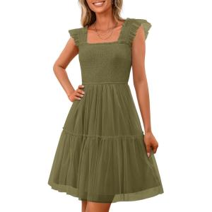 imagePRETTYGARDEN Womens 2025 Casual Mini Summer Dresses Sleeveless Tulle Ruffle Square Neck Tiered Smocked Wedding Guest DressArmy Green