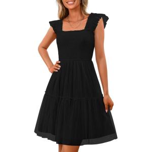 imagePRETTYGARDEN Womens 2025 Casual Mini Summer Dresses Sleeveless Tulle Ruffle Square Neck Tiered Smocked Wedding Guest DressBlack