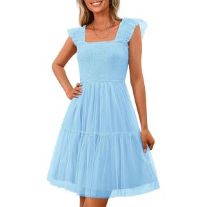 imagePRETTYGARDEN Womens 2025 Casual Mini Summer Dresses Sleeveless Tulle Ruffle Square Neck Tiered Smocked Wedding Guest DressLight Blue