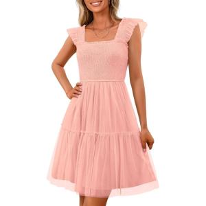 imagePRETTYGARDEN Womens 2025 Casual Mini Summer Dresses Sleeveless Tulle Ruffle Square Neck Tiered Smocked Wedding Guest DressPink