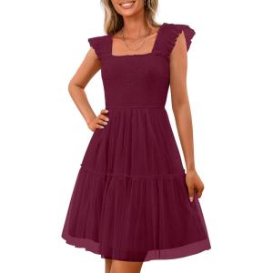 imagePRETTYGARDEN Womens 2025 Casual Mini Summer Dresses Sleeveless Tulle Ruffle Square Neck Tiered Smocked Wedding Guest DressWine Red