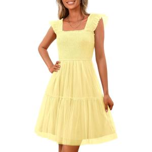 imagePRETTYGARDEN Womens 2025 Casual Mini Summer Dresses Sleeveless Tulle Ruffle Square Neck Tiered Smocked Wedding Guest DressYellow