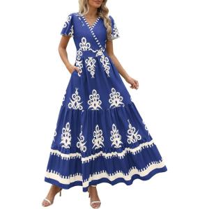 imagePRETTYGARDEN Womens 2025 Summer Casual V Neck Boho Maxi Dress Flowy Aline Bell Sleeve Tiered Floral Dresses with PocketFloral Navy White