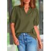 imagePRETTYGARDEN Womens Casual Summer Tops 2025 V Neck Short Puff Sleeve Pleated Cotton T Shirts Loose Dressy BlousesArmy Green