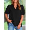 imagePRETTYGARDEN Womens Casual Summer Tops 2025 V Neck Short Puff Sleeve Pleated Cotton T Shirts Loose Dressy BlousesBlack