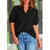 imagePRETTYGARDEN Womens Casual Summer Tops 2025 V Neck Short Puff Sleeve Pleated Cotton T Shirts Loose Dressy BlousesBlack