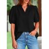 imagePRETTYGARDEN Womens Casual Summer Tops 2025 V Neck Short Puff Sleeve Pleated Cotton T Shirts Loose Dressy BlousesBlack