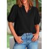 imagePRETTYGARDEN Womens Casual Summer Tops 2025 V Neck Short Puff Sleeve Pleated Cotton T Shirts Loose Dressy BlousesBlack