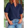 imagePRETTYGARDEN Womens Casual Summer Tops 2025 V Neck Short Puff Sleeve Pleated Cotton T Shirts Loose Dressy BlousesNavy