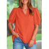 imagePRETTYGARDEN Womens Casual Summer Tops 2025 V Neck Short Puff Sleeve Pleated Cotton T Shirts Loose Dressy BlousesOrange Red
