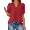 imagePRETTYGARDEN Womens Casual Summer Tops 2025 V Neck Short Puff Sleeve Pleated Cotton T Shirts Loose Dressy BlousesDark Red
