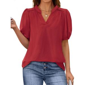 imagePRETTYGARDEN Womens Casual Summer Tops 2025 V Neck Short Puff Sleeve Pleated Cotton T Shirts Loose Dressy BlousesDark Red