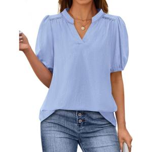 imagePRETTYGARDEN Womens Casual Summer Tops 2025 V Neck Short Puff Sleeve Pleated Cotton T Shirts Loose Dressy BlousesSky Blue