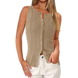 imagePRETTYGARDEN Womens Ribbed Tank Tops Summer 2025 Open Front Button Down Sleeveless Shirts Going Out Spring Fashion Vest TopsCamel