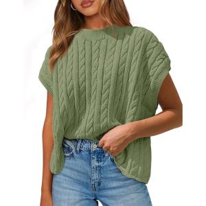 imagePRETTYGARDEN Womens Sweater Vest 2025 Summer Short Sleeve Tops Casual Crewneck Knit Pullover Trendy Spring OutfitsBean Green