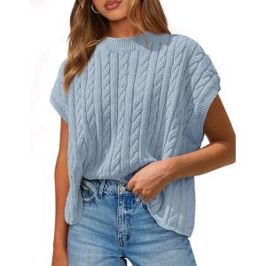 imagePRETTYGARDEN Womens Sweater Vest 2025 Summer Short Sleeve Tops Casual Crewneck Knit Pullover Trendy Spring OutfitsLight Blue