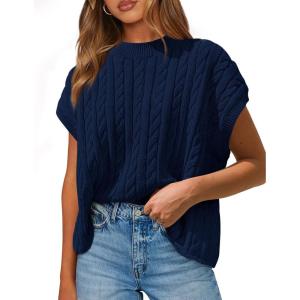 imagePRETTYGARDEN Womens Sweater Vest 2025 Summer Short Sleeve Tops Casual Crewneck Knit Pullover Trendy Spring OutfitsNavy