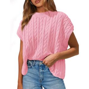 imagePRETTYGARDEN Womens Sweater Vest 2025 Summer Short Sleeve Tops Casual Crewneck Knit Pullover Trendy Spring OutfitsPink