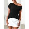 imagePRETTYGARDEN Womens Off The Shoulder Tops 2025 Summer Casual Short Sleeve Tunic T Shirts Lightweight Knit SweatersBlack
