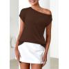 imagePRETTYGARDEN Womens Off The Shoulder Tops 2025 Summer Casual Short Sleeve Tunic T Shirts Lightweight Knit SweatersCoffee