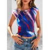 imagePRETTYGARDEN Womens Summer Floral Mesh Tank Tops 2025 Trendy Casual Cap Sleeve Slim Fitted Blouse Shirt Going Out OutfitsDark Blue