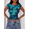 imagePRETTYGARDEN Womens Summer Floral Mesh Tank Tops 2025 Trendy Casual Cap Sleeve Slim Fitted Blouse Shirt Going Out OutfitsLake Blue