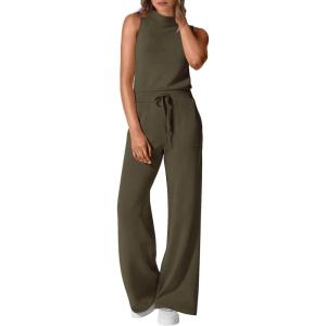 imagePRETTYGARDEN Spring Jumpsuits for Women Casual Dressy 2025 One Piece Outfits Sleeveless Mock Neck Wide Leg Pants RompersArmy Green