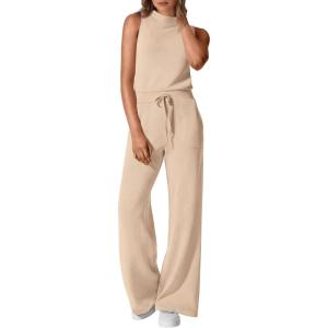 imagePRETTYGARDEN Spring Jumpsuits for Women Casual Dressy 2025 One Piece Outfits Sleeveless Mock Neck Wide Leg Pants RompersBeige
