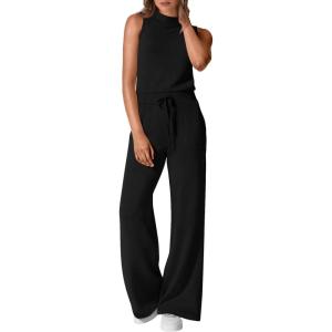 imagePRETTYGARDEN Spring Jumpsuits for Women Casual Dressy 2025 One Piece Outfits Sleeveless Mock Neck Wide Leg Pants RompersBlack