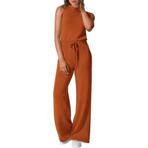 imagePRETTYGARDEN Spring Jumpsuits for Women Casual Dressy 2025 One Piece Outfits Sleeveless Mock Neck Wide Leg Pants RompersBrick Red