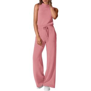 imagePRETTYGARDEN Spring Jumpsuits for Women Casual Dressy 2025 One Piece Outfits Sleeveless Mock Neck Wide Leg Pants RompersDusty Pink