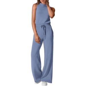 imagePRETTYGARDEN Spring Jumpsuits for Women Casual Dressy 2025 One Piece Outfits Sleeveless Mock Neck Wide Leg Pants RompersHaze Blue