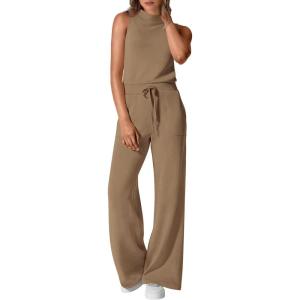imagePRETTYGARDEN Spring Jumpsuits for Women Casual Dressy 2025 One Piece Outfits Sleeveless Mock Neck Wide Leg Pants RompersKhaki