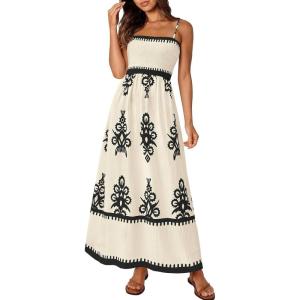 imagePRETTYGARDEN Summer Dress for Women 2025 Floral Sundress Spaghetti Strap Flowy Beach Vacation Boho Maxi DressesApricot Black Floral