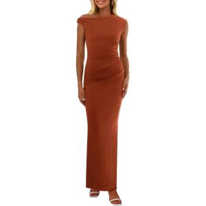 imagePRETTYGARDEN Womens 2025 Summer Formal Maxi Dresses Sleeveless One Shoulder Bodycon Ruched Mesh Wedding Guest Cocktail DressCaramel