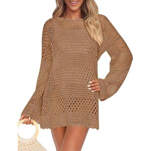imagePRETTYGARDEN Womens 2025 Swimsuit Cover Ups Crochet Knit Bathing Suit Swimwear Summer Dresses Fashion Beach Vacation ClothesKhaki