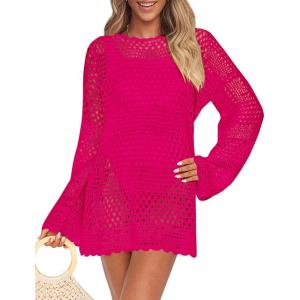 imagePRETTYGARDEN Womens 2025 Swimsuit Cover Ups Crochet Knit Bathing Suit Swimwear Summer Dresses Fashion Beach Vacation ClothesRose Red