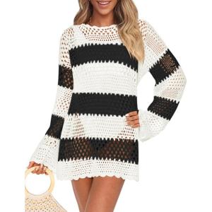 imagePRETTYGARDEN Womens 2025 Swimsuit Cover Ups Crochet Knit Bathing Suit Swimwear Summer Dresses Fashion Beach Vacation ClothesStriped Black White